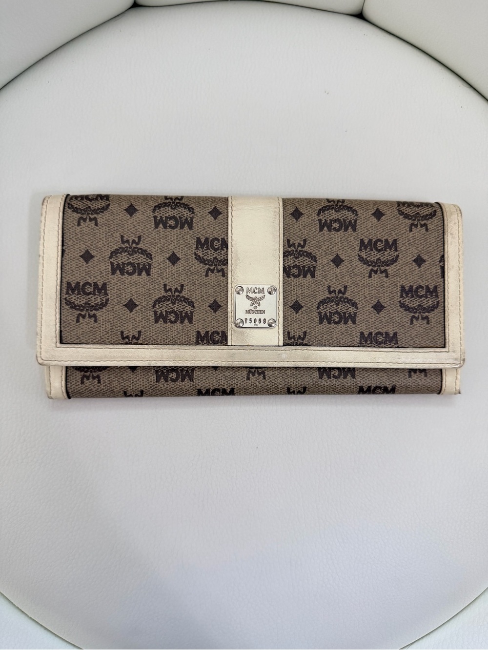 MCM Brown Monogram Continental Wallet with Cream Trim